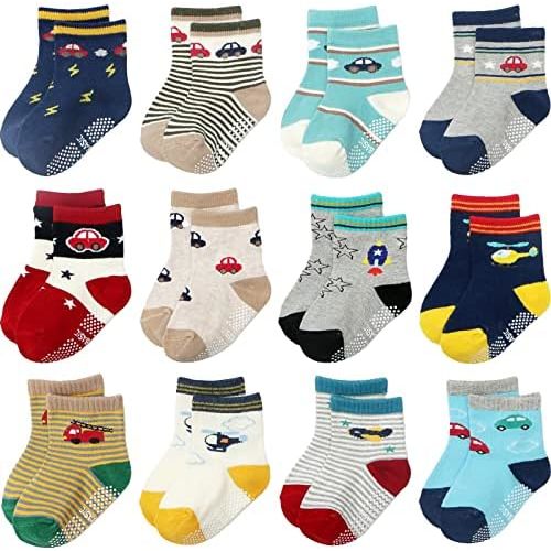 Non Slip Grip Ankle Baby Socks 12 Pack for Toddler Boys and Girls Kids,Infant Cute Cotton Baby Socks