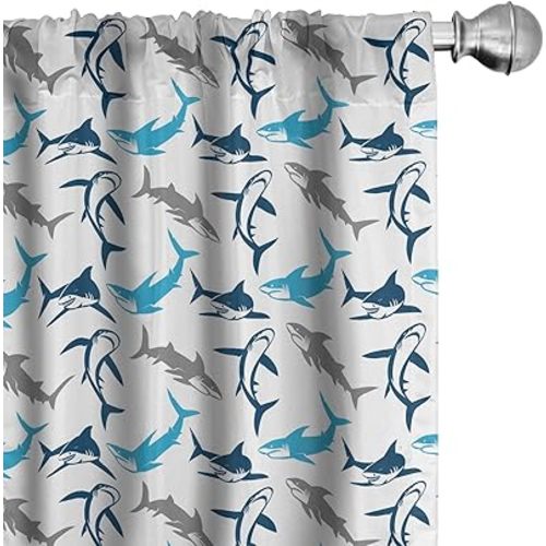 Ambesonne Shark Window Curtains, Retro Style Different Abstract Silhouettes of Dangerous High Seas, Lightweight Decor 2-Panel Set with Rod Pocket, Pair of - 28" x 63", Blue Grey