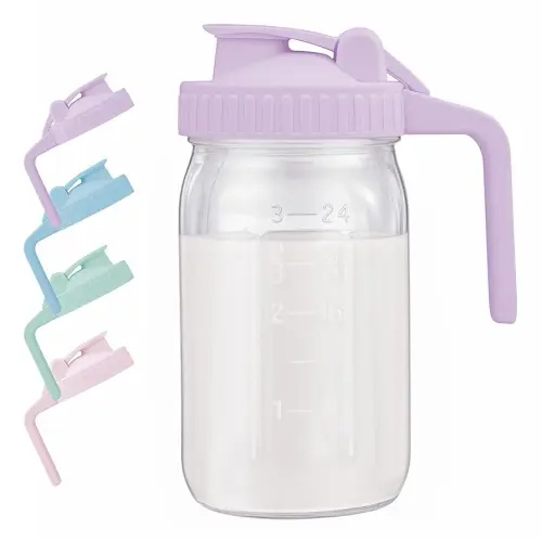 Breast Milk Pitcher with Leak Proof Flip Cap & Pour Spout, 32 oz Wide Mouth Mason Jars for Breast Milk Storage Container, Glass Picther with Lid for Cold Brew Coffee, Sun Tea, Juices, Purple