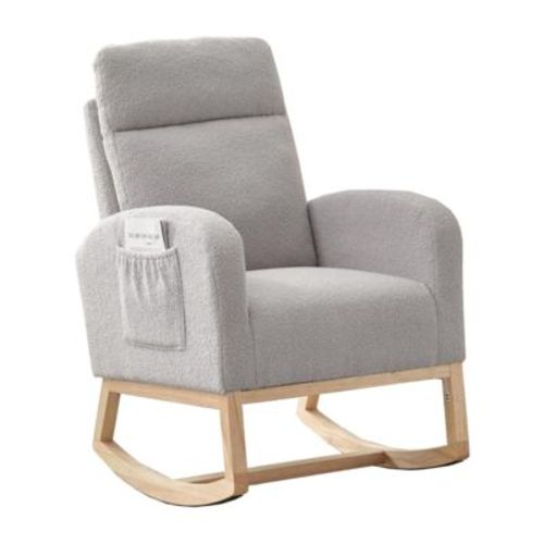 Gray Teddy Nursery Rocking Chair, High Back Glider Chair with Side Pockets, Solid Wood Base & 300 lb Capacity