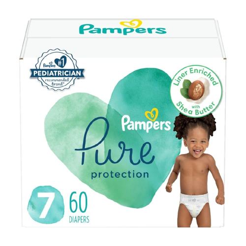 Pampers Baby Diapers - Pure Protection - Size 7, 60 Count, for up to 100% Leakproof, Premium Plant-based Skin Protection