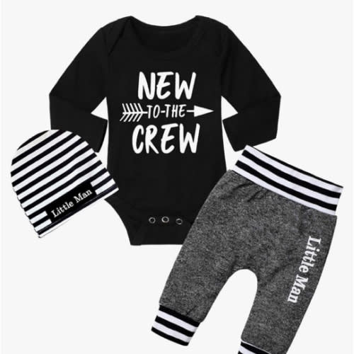 Fommy Newborn Baby Boy Clothes New to The Crew Letter Print Romper+ Pants+Hat 3PCS Outfit