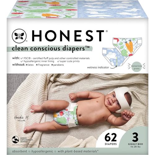 The Honest Company Clean Conscious Diapers | Plant-Based, Sustainable | Spring '24 Limited Edition Prints | Club Box, Size 3 (16-28 lbs), 62 Count - Size 3 (62 Count)