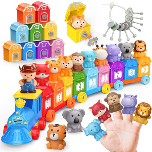 Animal Montessori Learning Toys for 2 3 4 5 Year Old Kids, Toddler Animals Train Locks & Keys Matching Toys Counting & Sorting Trains Set, Preschool Toy Boys Girls Christmas Birthday Gifts Age 2-4 3-5