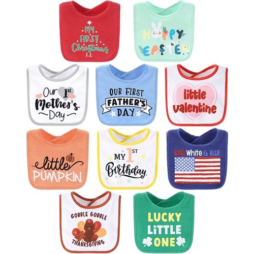 The Peanutshell Holiday Baby Bib Set for Boys or Girls | Unisex Terry Cloth 10 Pack for Feeding, Teething, or Drooling | Baby's First Year