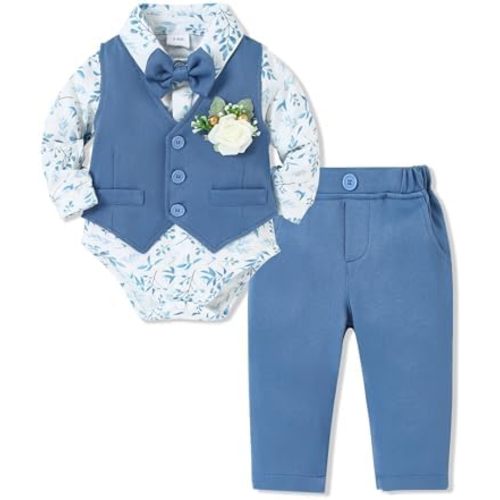 SANMIO Baby Boy Clothes Suits Infant Gentleman Outfit Collared Dress Shirt+Vest+Tie+Corsage+Pants 5Pcs Baby Suit Sets