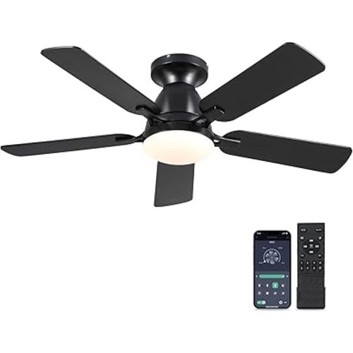 Ceiling Fans with Lights- 46" Low Profile Indoor Ceiling Fan with Light and Remote/APP Control, Flush Mount, LED Dimmable DC Reversible Modern Ceiling Fan for Bedroom(Black)