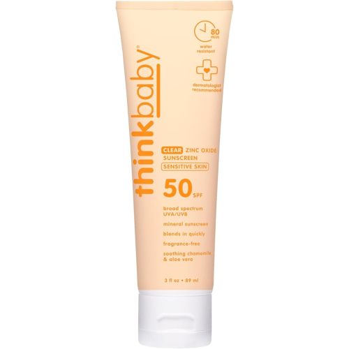 Thinkbaby Baby Sunscreen for Sensitive Skin, 3 Fl Oz, SPF 50 Clear Zinc Oxide Baby Mineral Sunscreen, Broad Spectrum UVA/UVB Protection, Natural, Water Resistant, Reef Safe, Vegan