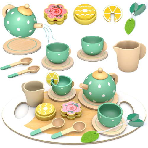 OSLINE Wooden Tea Set for Toddlers,Pretend Play Kids Toy Party for Girls Boys -- Birthday Gifts