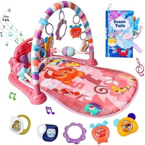 VZO Baby Gyms Play Mats, Infant Play Mat and Activity Gym, Baby Play Piano Gym Mat, Play Mats for Babies Newborns and Toddlers, Tummy Time Activity Mat Toys 0-3-6-12 Months (Pink)