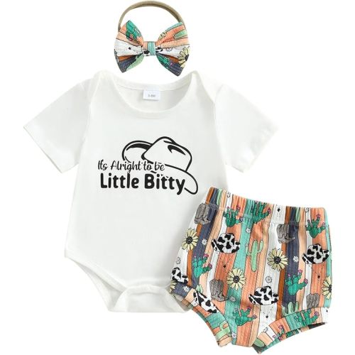 KMBANGI Western Cowgirl Baby Summer Outfits Newborn Girl Short Sleeve Letters Print T-Shirt Romper Bib Shorts Headband 0-18M