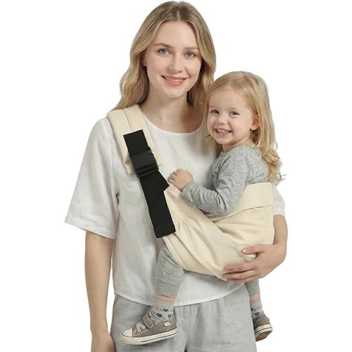 Baby Sling Carrier, Toddler Carrier Sling with Double Safety Buckle and Adjustable Shoulder Strap(7-30lbs), Baby Carriers One Size Fits All, Beige