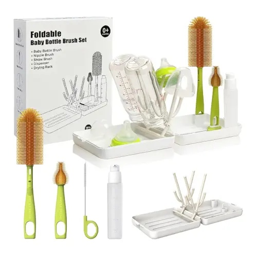 YOTIME Travel Bottle Brush, Travel Bottle Cleaner Kit with Foldable Bottle Drying Rack, for Visit Friends and Relations, Baby Travel Essentials, BPA Free, White