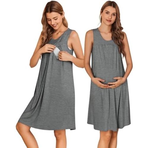 Ekouaer Maternity Nursing Dress Nightgown Labor and Delivery Gown Sleeveless Pregnancy Breastfeeding Dresses