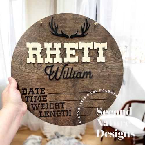 Baby Birth Stats Sign / Deer Antlers Door Hanger / Wood Round Hospital / Nursery Sign / Round Hospital Baby Sign/ Newborn Announcement Boy