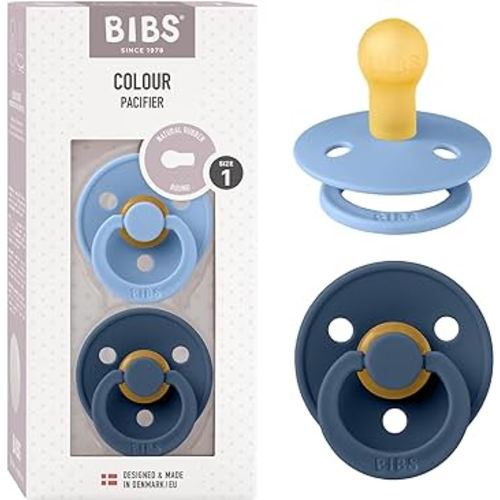 BIBS Colour Baby Pacifier 2-Pack | Made in Denmark | BPA Free Dummy Soother, Round Nipple. Natural Rubber Latex, Size 1 (0-6 Months), Sky Blue / Steel Blue