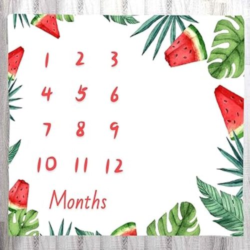 Baby Monthly Milestone Blanket, Cartoon Fruit Watermelon White Photo Baby Memory Blanket Newborn Growth Chart Age Blanket, 48x40 Inch Nursery Baby Swaddling Blanket BTXTLY43