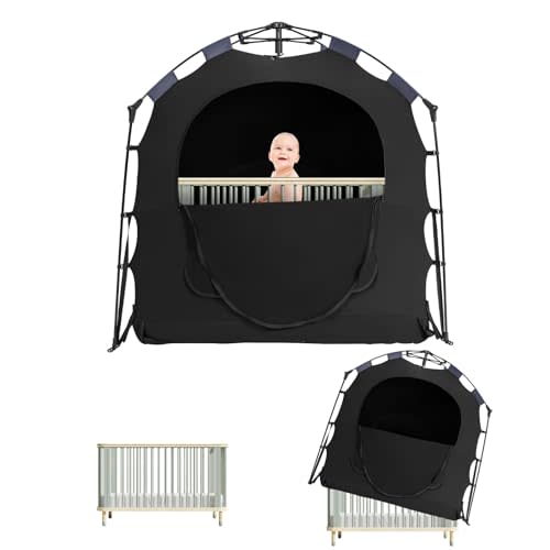Hiaksedt Blackout Tent for Pack and Play, Baby Sleep Pod, Portable Blackout Cover, Travel Crib Canopy, 1-Click Set Up Sleep Pod Blocks 95% of Light(Black)