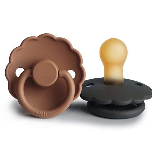FRIGG Daisy Natural Rubber Baby Pacifier | Made in Denmark | BPA-Free (Graphite/Peach Bronze, 0-6 Months) 2-Pack