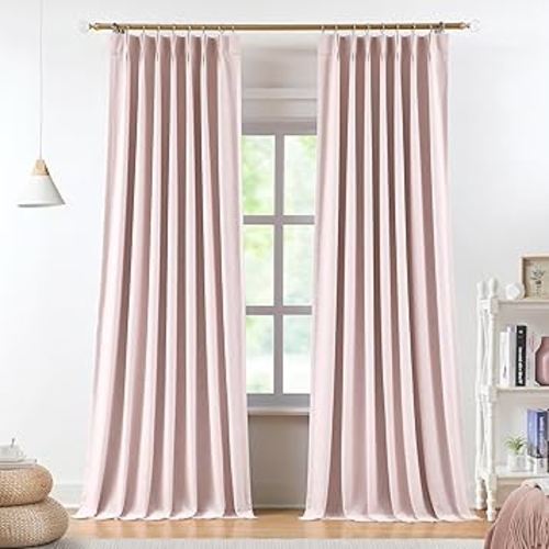 Vision Home Soft Pink Pinch Pleated Full Blackout Curtains Linen Blended Room Darkening Curtain Panels 63 inch for Living Room Bedroom Thermal Insulated Pinch Pleat Drapes with Hooks 40" Wx63 Lx2