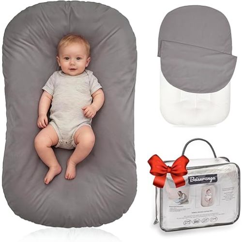 Baby Lounger for Newborn - Snuggle Cozy Me Lounger | Breathable Soft Cotton, 0-24 Months Portable Playtime Baby Nest, Newborn Baby Essentials Gifts- Grey (1 Lounger + 1 Cover)