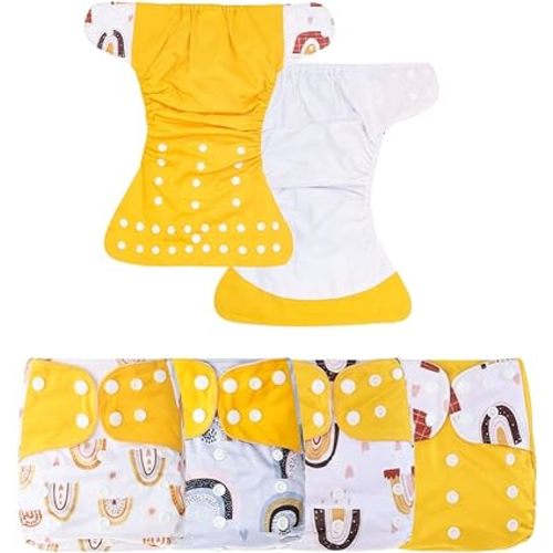 4 Sets Newborn Baby Cloth Pocket Diapers One Size Adjustable Reusable for Baby Boys and Girls(No Inserts,Yellow)