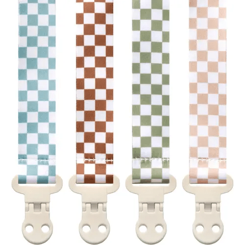 Baby Pacifier Clip Holder - Girl or Boy Unisex 4 Pack Gift Set – Neutral Modern Retro Checker Green Blue Brown Beige