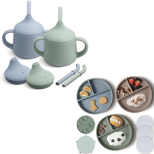 Moonkie Silicone Baby Sippy Cups 2-Pack & Suction Plates