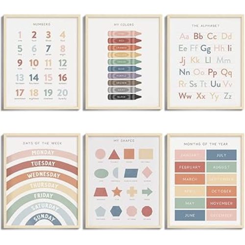 UNXIS Educational Charts & Posters - Set of 6 Homeschool Supplies, Alphabet Poster, Learning Posters for Toddlers 1-3, Preschool Classroom Must Haves (8 x10 inch Unframed)