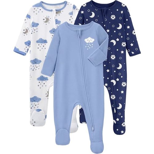 Yoofoss Baby Pajamas 100% Organic Cotton Newborn Sleepers Boys Girls Clothes, 3-Pack Soft infant Footed PJs with Mitten Cuffs, Zipper Footies Pajamas