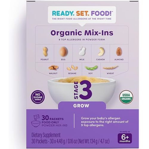 Stage 3 Mix-ins (30 Days) – Safe & Easy Early Allergen Introduction for Babies 6+ Months, Mix with Baby Food, With 9 Top Allergens: Organic Peanuts, Egg, Milk, Walnut, Cashew & More By Ready Set Food