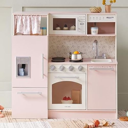 Tiny Land Play Kitchen for Kids, Upgraded Wooden Kitchen Toy with Complete Play Areas, Pretend Cooking Set with Sink, Stove, Microwave, Toy Coffee Station & Storage for Kids Ages 3+