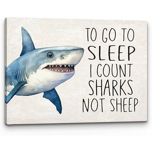 PHAMTE To Go To Sleep i Count Sharks Not Sheep Wall Art, Shark Room Decor & Ocean Shark Themed Poster Print Framed Canvas Artwork For Home, Kids Room, Bedroom, Nursery Decor(11x14 inches)