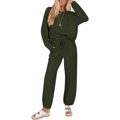 KIRUNDO Lounge Sets for Women 2025 Fall Travel Airport Outfits Ribbed Knit Tops Jogger Pants Tracksuit Postpartum Comfy Set