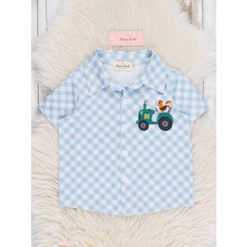 Embroidered Rooster Tractor Gingham Button Up Shirt