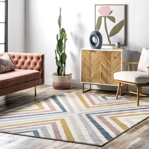 George Oliver Magallanes Contemporary Chevron Power Loom Beige/Pink/Blue/Gray Rug & Reviews | Wayfair