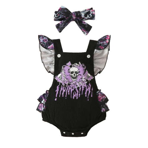 WUXIAN Girls Fly Sleeve Cartoon Hallowmas Backless Romper Bodysuits Headbands Set Onesie Toddler Baby Leisure Child Clothing