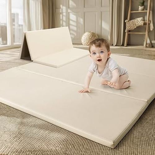 Foam Baby Play Mat: PU Leather Waterproof Kids Playmat - Trifold Floor Mat - Large Play Mat for Playpen Thick Pad Fodable Mattress Soft Toddler Mattress Infant Cushion for Preschool (Beige)