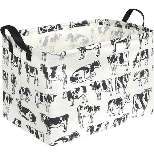 Rectangular Cow Print Storage Basket, Portable, Foldable, Handle, 14.9"L x 10.2"W x 9.8"H, Cotton Material, Waterproof Coating, Great for Toys, Clothes, Books, and More