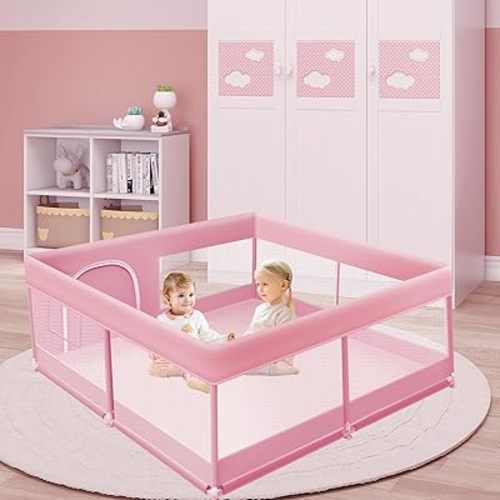 50" ×50" Baby Playpen, Baby Playard for Babies and Toddlers, Baby Fence Play Pens for Indoor & Outdoor, Sturdy Safety Play Yard with Soft Breathable Mesh, Anti-Fall, Pink