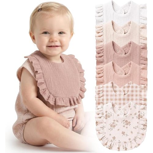 Konssy 6-Pack Muslin Baby Bibs for Girls, Soft 100% Cotton Drool Bibs with Ruffle Trim, Adjustable Infant Feeding Bibs