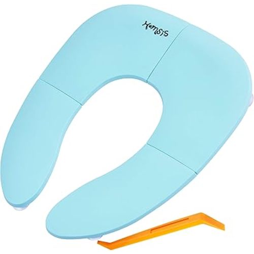 Portable Potty Seat for Toddler, Folding Travel Potty Seat Cover for Boys and Girls, Fits Round & Oval Toilets, with Non-Contact Opening Pry Bar, Aqua