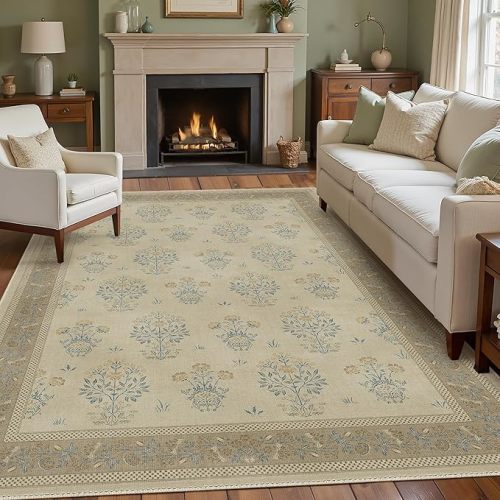 GENIMO 8x10 Vintage Floral Area Rug, Soft Microfiber Washable Rug with Non-Slip Backing, Brown Carpet for Living Room, Bedroom and Dining Room