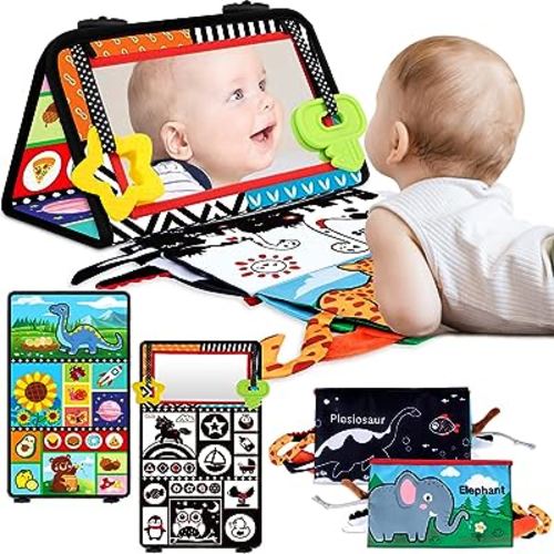 Tummy Time Baby Mirror Toys 0-6 6-12 Months High Contrast Infant Toys Brain Development with Crinkle Cloth Book and Teether - Montessori Newborn Sensory Toys for Babies Boys Girls Gifts
