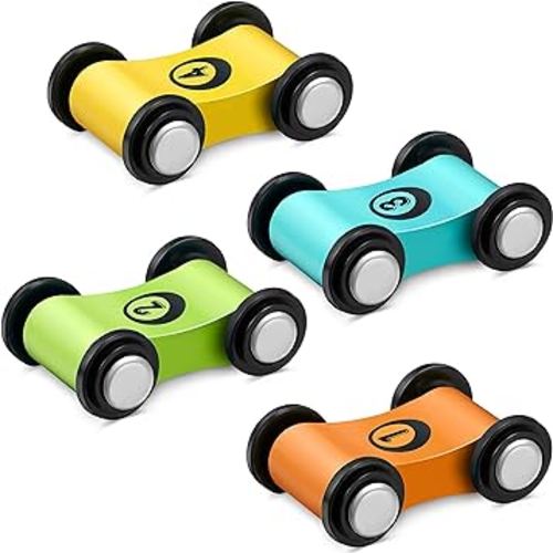 4 Pieces Wooden Car Ramp Race Track Toys for Aged 1 2 3, Christmas Party Present Wooden Car Ramp Racer Mini Cars Play Set Replacement Cars, 4 Pieces