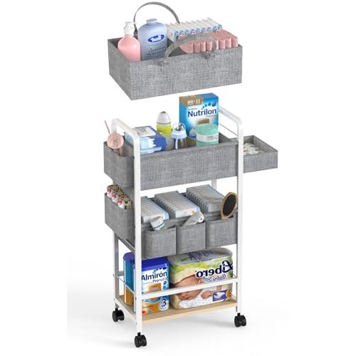 LIDTOP 2in1 Baby Diaper Cart, Diaper Caddy & 4-Tier Organizer Cart With Wheels, Rolling Cart With Dividers & Dust-proof Drawer, Metal Bedside Cart for Nursery Essentials Storage, White