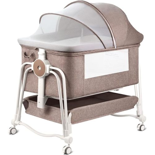 4 in 1 Baby Bassinet Bedside Sleeper, Rocking Baby Crib with Lockable Wheels, Storage, Mosquito Net and Matress Included, 7 Level Adjustable Bedside Bassinet for Baby Newborn(Khaki)