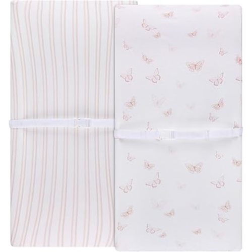 Ely's & Co. Changing Pad Cover - Cradle Sheet Set 2 Pack 100% Jersey Cotton for Baby Girl Pink Butterflies + Stripes