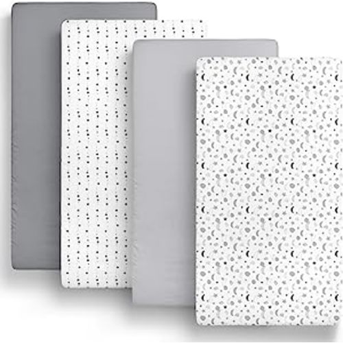 The Peanutshell Grey Moon & Stars Fitted Crib Sheet Set, Unisex 4 Pack Celestial Print, Grey & White