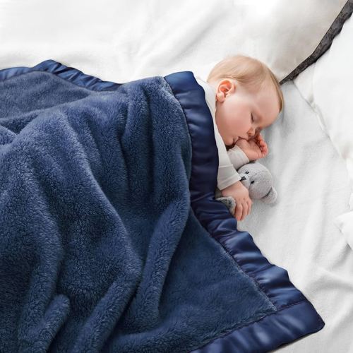 Pro Goleem Fleece Baby Blanket with Satin Trim, 30x40 Inch, Navy Blue